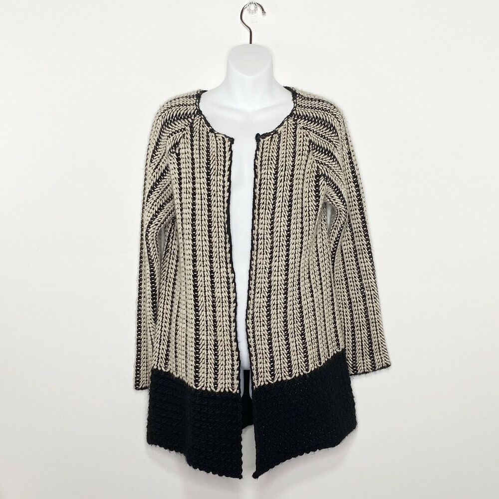 Maison Sweater Womens Large Wool/Alpaca Blend Open Front Cardigan Black/Cream